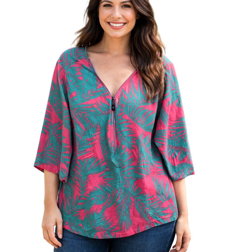 Belle by Kim Gravel Zip Top Womens Size 1X TripleLuxe Knit Pink Green Tropical